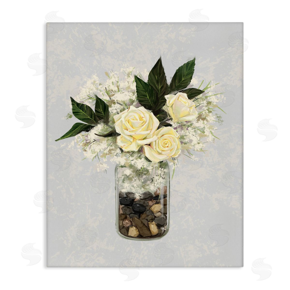Ziwei Li Yellow Rose Flower Bouquet Decorated Rocks Vase  Stretched Canvas Wall Art Print