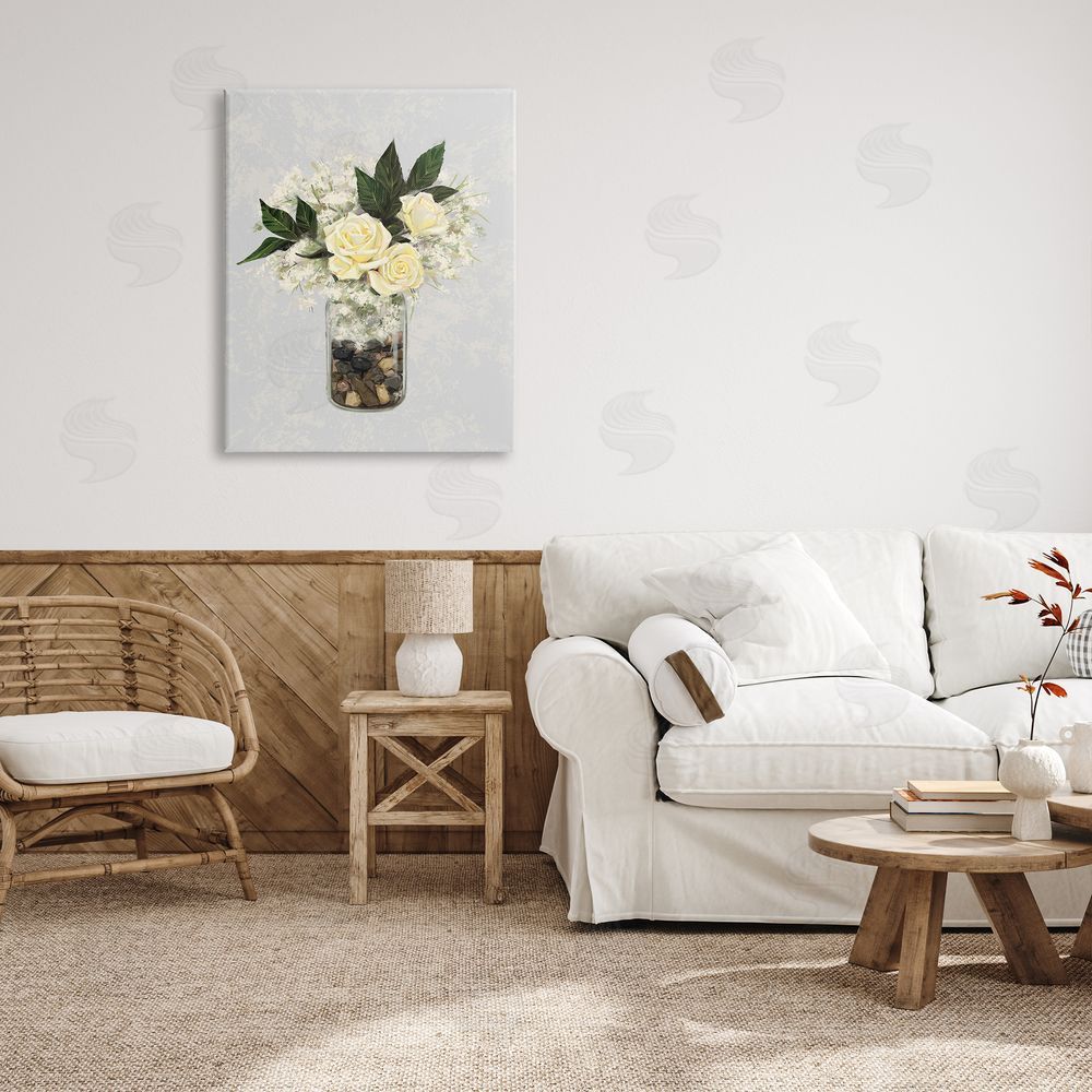 Ziwei Li Yellow Rose Flower Bouquet Decorated Rocks Vase  Canvas Wall Art Print in Room