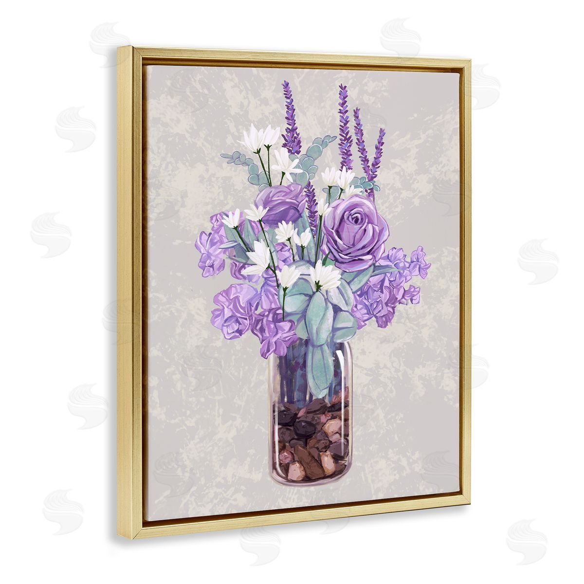 Ziwei Li Mixed Purple Bouquet Full Rose Wildflower Blooms  Gold Floating Frame Canvas Wall Art Print