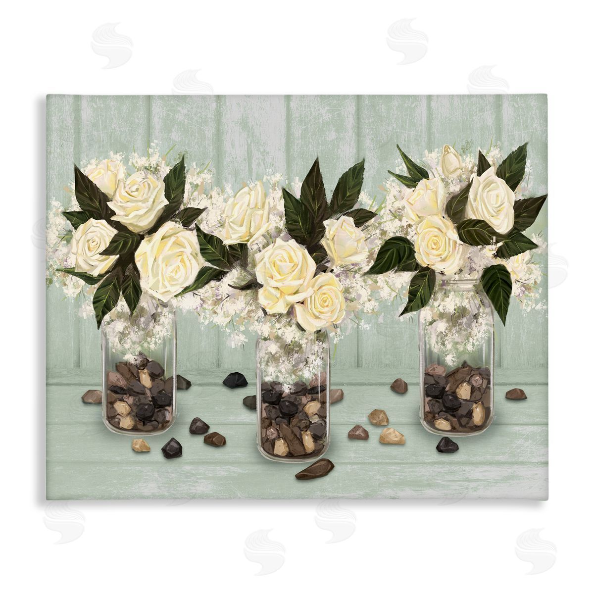 Ziwei Li Three Rose Bouquets Scattered Rocks Flower Arrangement Stretched Canvas Wall Art Print