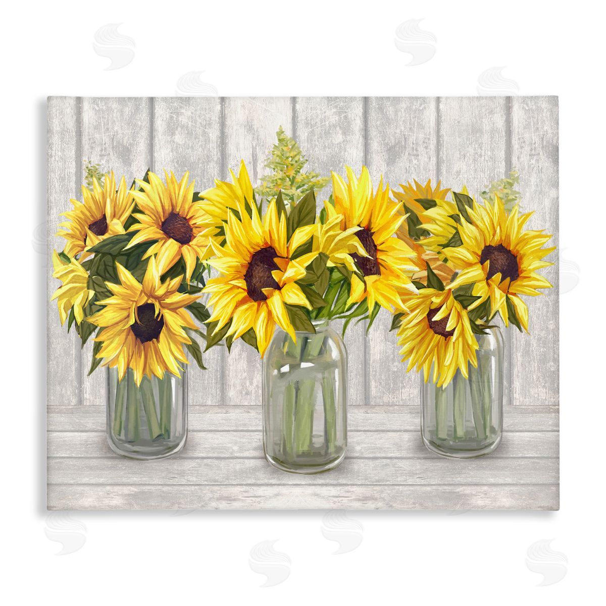 Ziwei Li Three Sunflower Bouquets Country Planks Still Life Stretched Canvas Wall Art Print