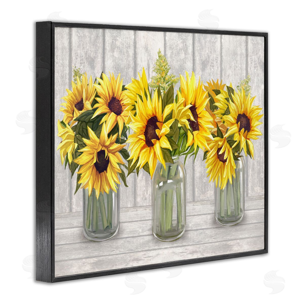 Ziwei Li Three Sunflower Bouquets Country Planks Still Life Black Framed Giclee Wall Art Print