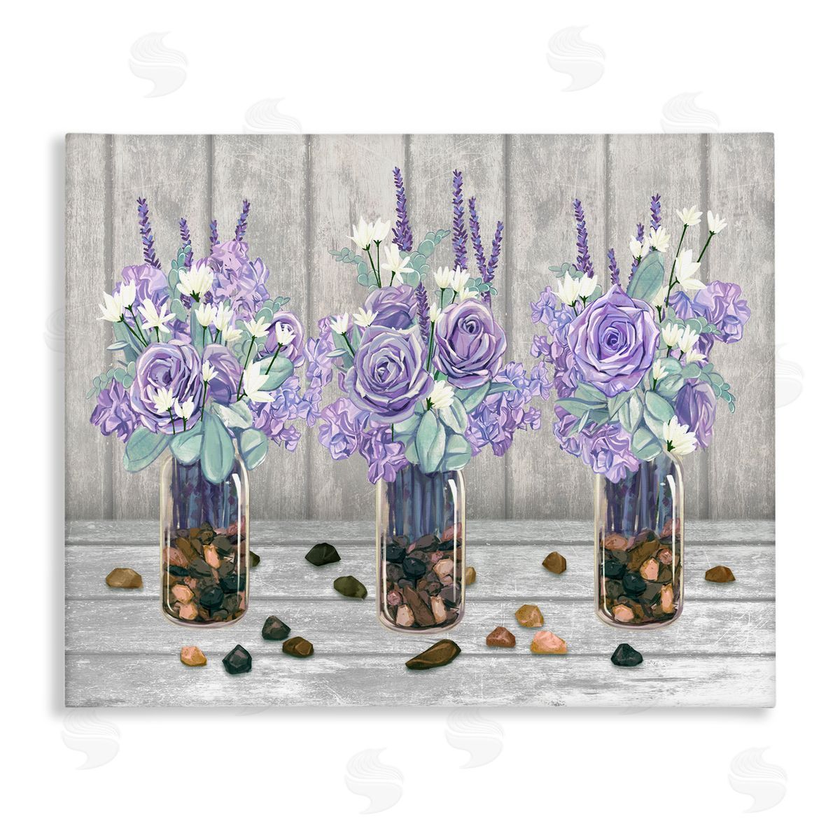 Ziwei Li Purple Rose Bouquet Trio Scattered Rustic Rocks Stretched Canvas Wall Art Print