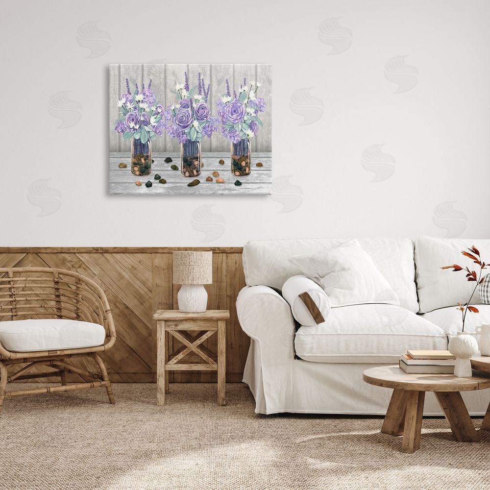 Ziwei Li Purple Rose Bouquet Trio Scattered Rustic Rocks Canvas Wall Art Print in Room