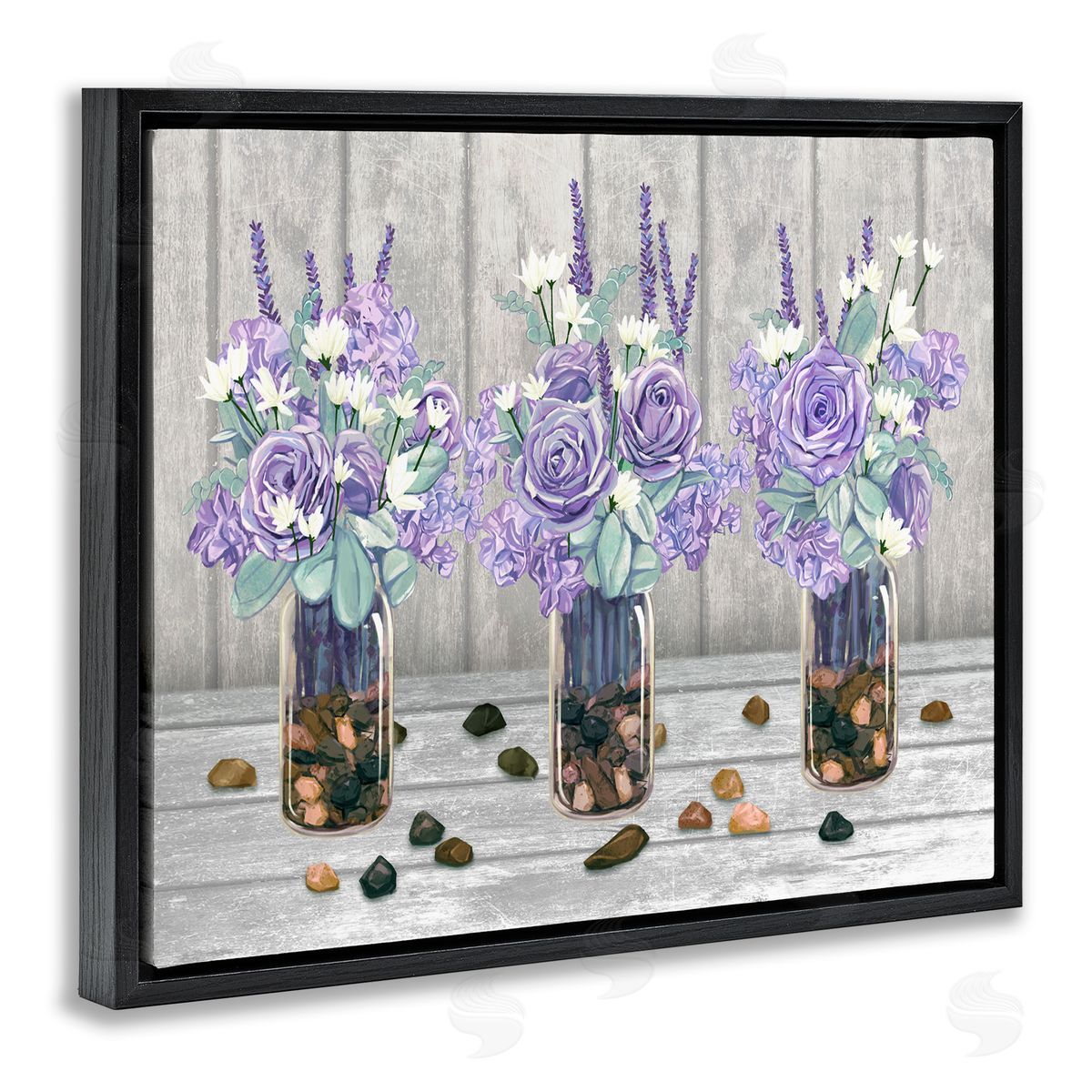 Ziwei Li Purple Rose Bouquet Trio Scattered Rustic Rocks Black Floating Frame Canvas Wall Art Print