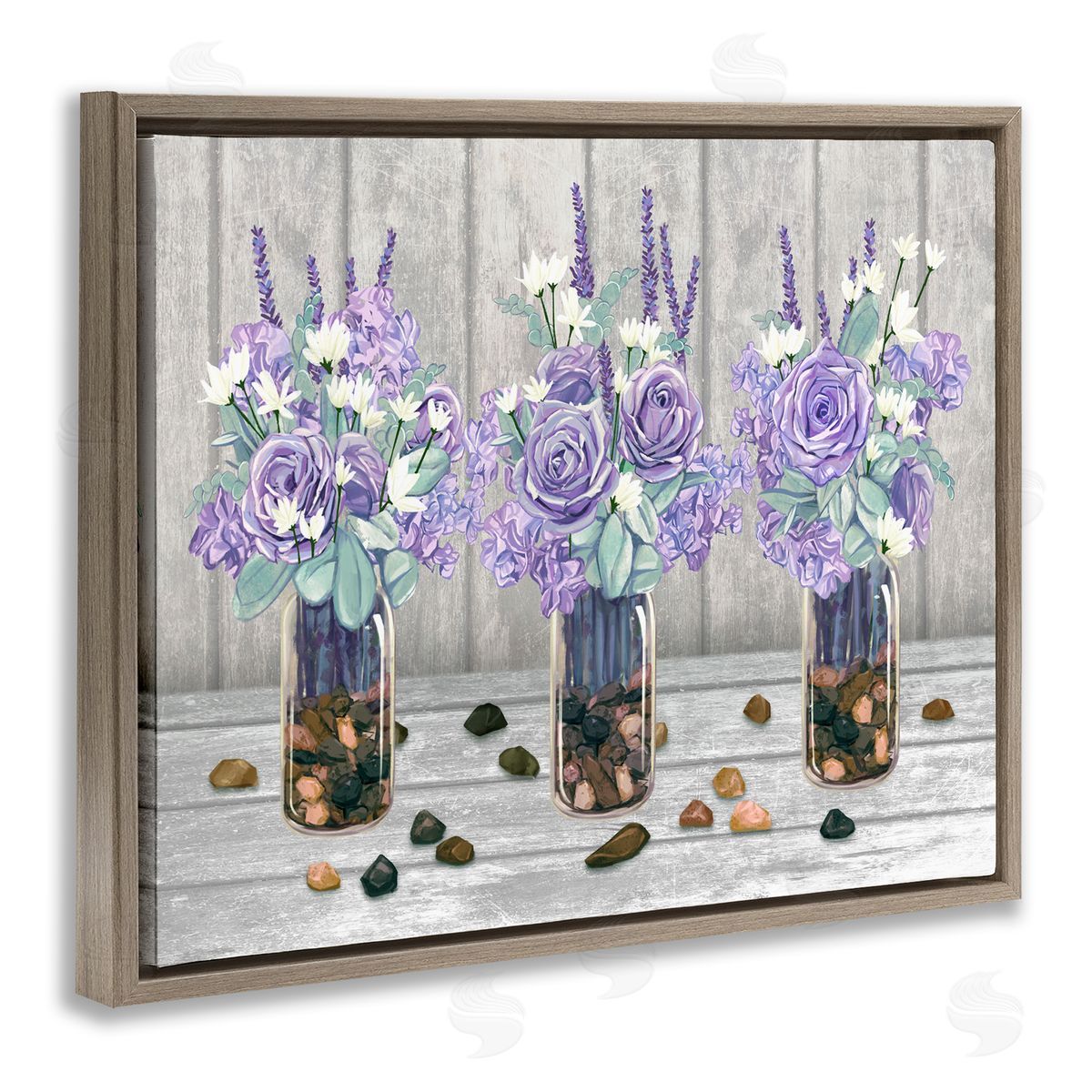 Ziwei Li Purple Rose Bouquet Trio Scattered Rustic Rocks Brown Floating Frame Canvas Wall Art Print