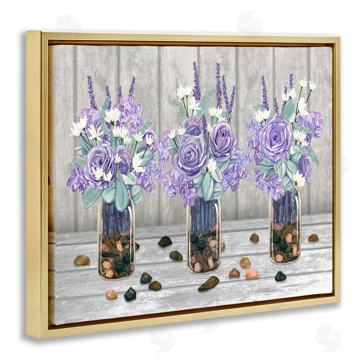 Ziwei Li Purple Rose Bouquet Trio Scattered Rustic Rocks Gold Floating Frame Canvas Wall Art Print