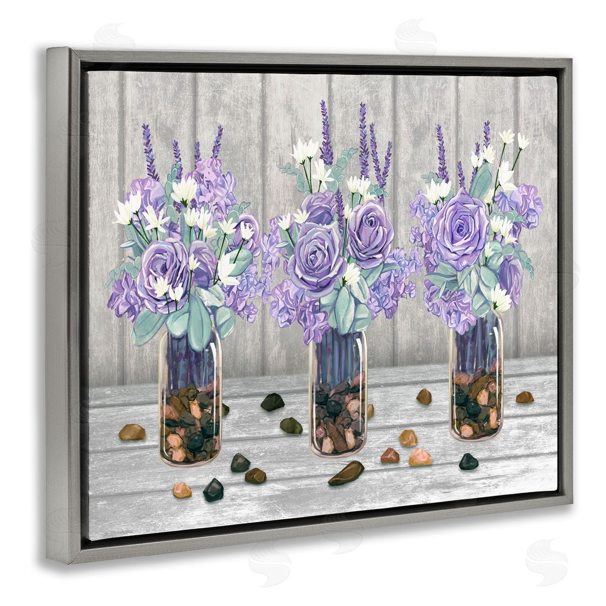 Ziwei Li Purple Rose Bouquet Trio Scattered Rustic Rocks Gray Floating Frame Canvas Wall Art Print