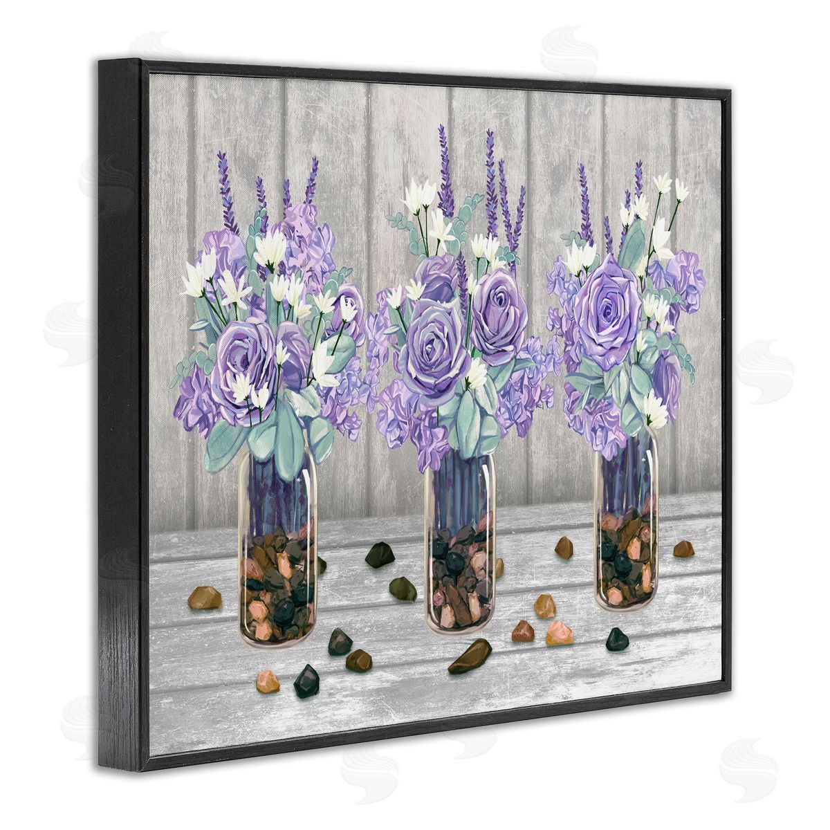 Ziwei Li Purple Rose Bouquet Trio Scattered Rustic Rocks Black Framed Giclee Wall Art Print