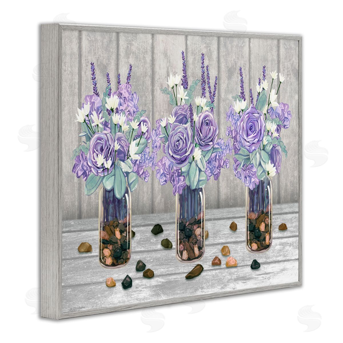 Ziwei Li Purple Rose Bouquet Trio Scattered Rustic Rocks Gray Framed Giclee Wall Art Print