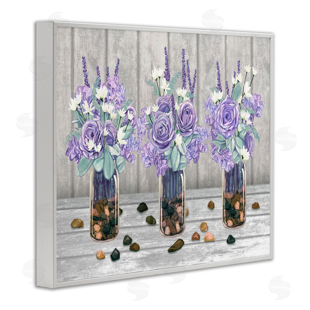 Ziwei Li Purple Rose Bouquet Trio Scattered Rustic Rocks White Framed Giclee Wall Art Print