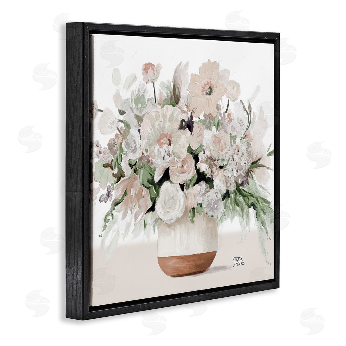 Patricia Pinto Blooming White Flower Arrangement Overflowing Bouquet Vase Black Floating Frame Canvas Wall Art Print