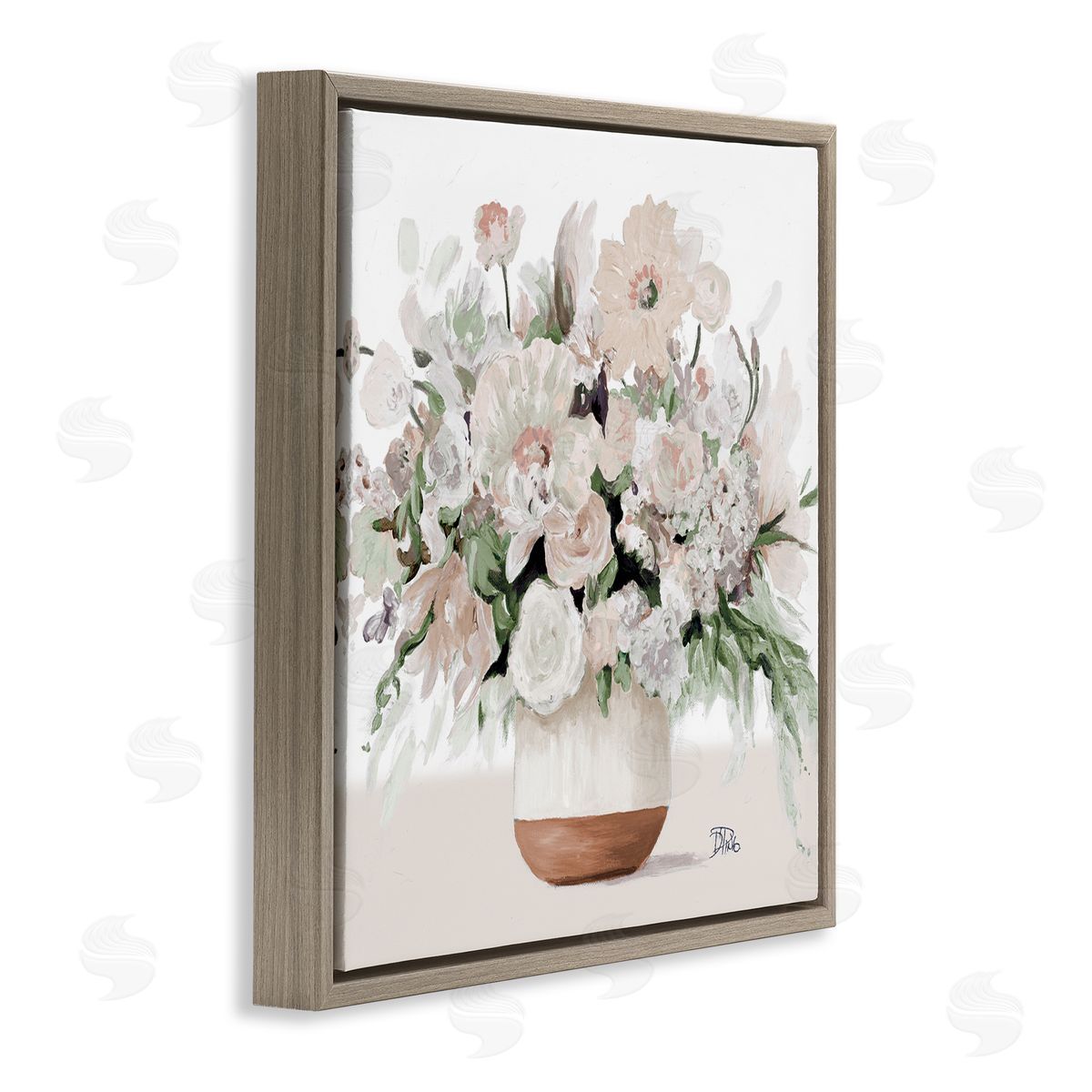 Patricia Pinto Blooming White Flower Arrangement Overflowing Bouquet Vase Brown Floating Frame Canvas Wall Art Print