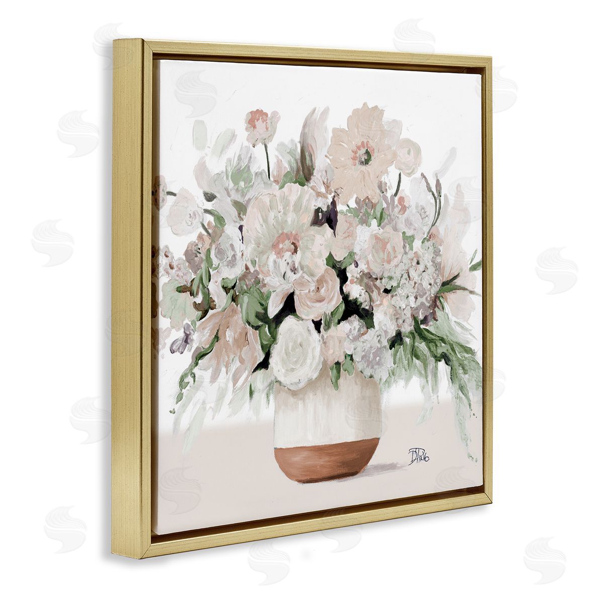 Patricia Pinto Blooming White Flower Arrangement Overflowing Bouquet Vase Gold Floating Frame Canvas Wall Art Print