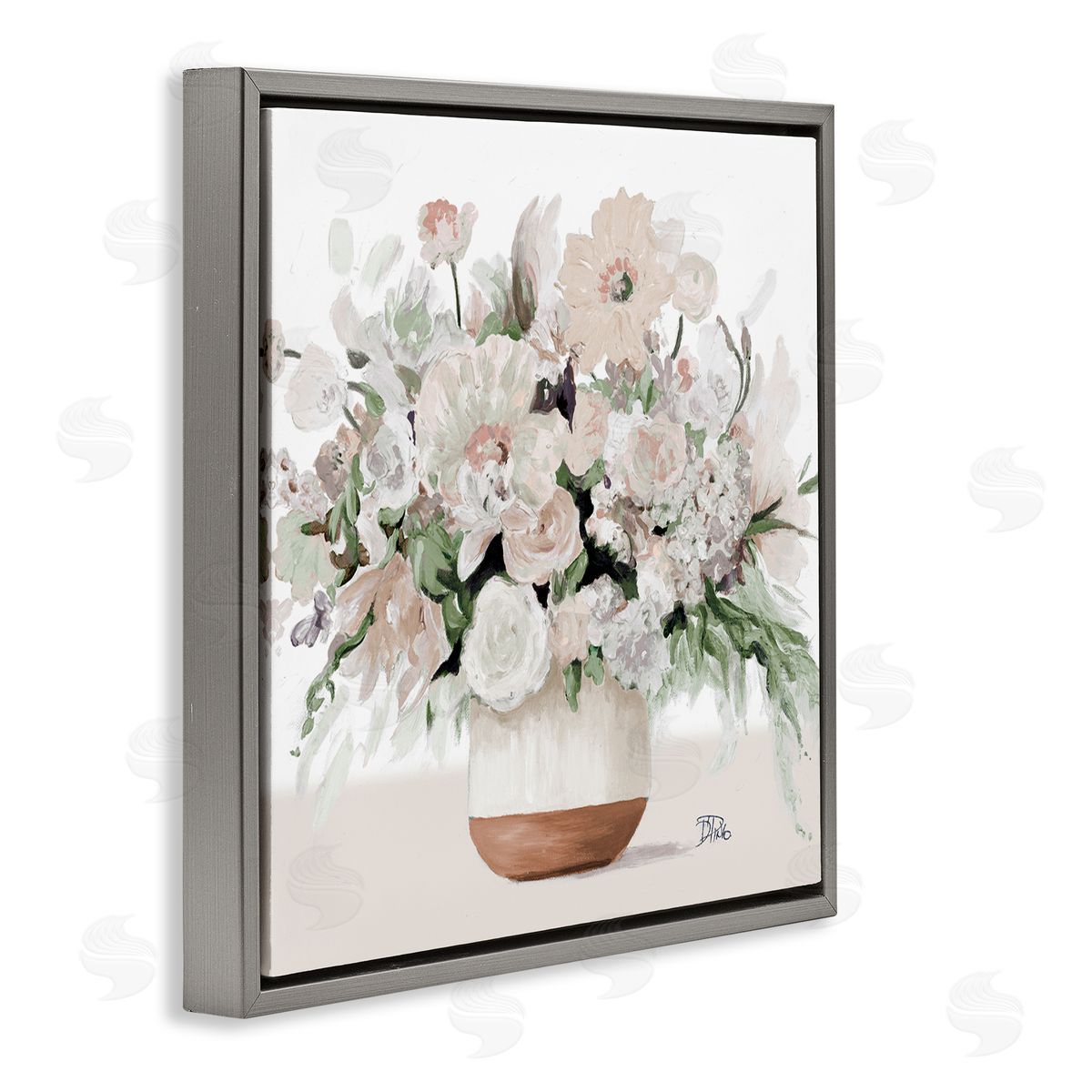 Patricia Pinto Blooming White Flower Arrangement Overflowing Bouquet Vase Gray Floating Frame Canvas Wall Art Print