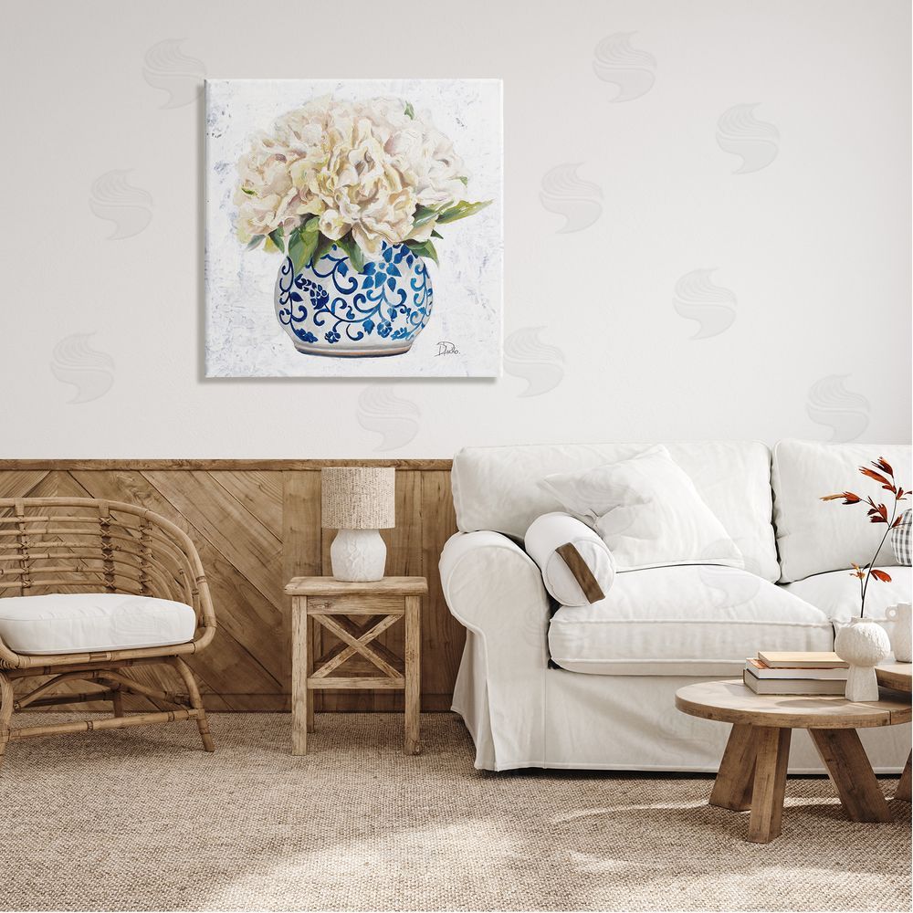 Patricia Pinto Round White Floral Blooms Ornate Patterned Vase Canvas Wall Art in Room
