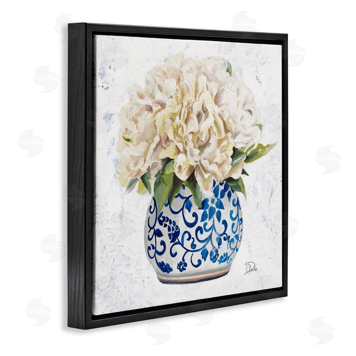 Patricia Pinto Round White Floral Blooms Ornate Patterned Vase Black Floating Frame Canvas Wall Art Print