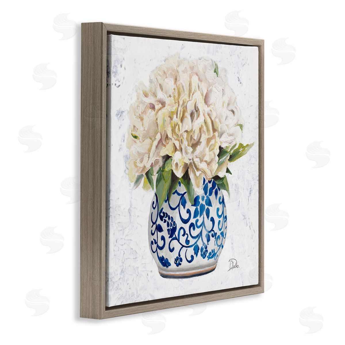 Patricia Pinto Round White Floral Blooms Ornate Patterned Vase Brown Floating Frame Canvas Wall Art Print