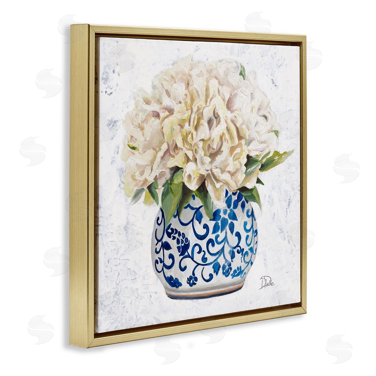 Patricia Pinto Round White Floral Blooms Ornate Patterned Vase Gold Floating Frame Canvas Wall Art Print