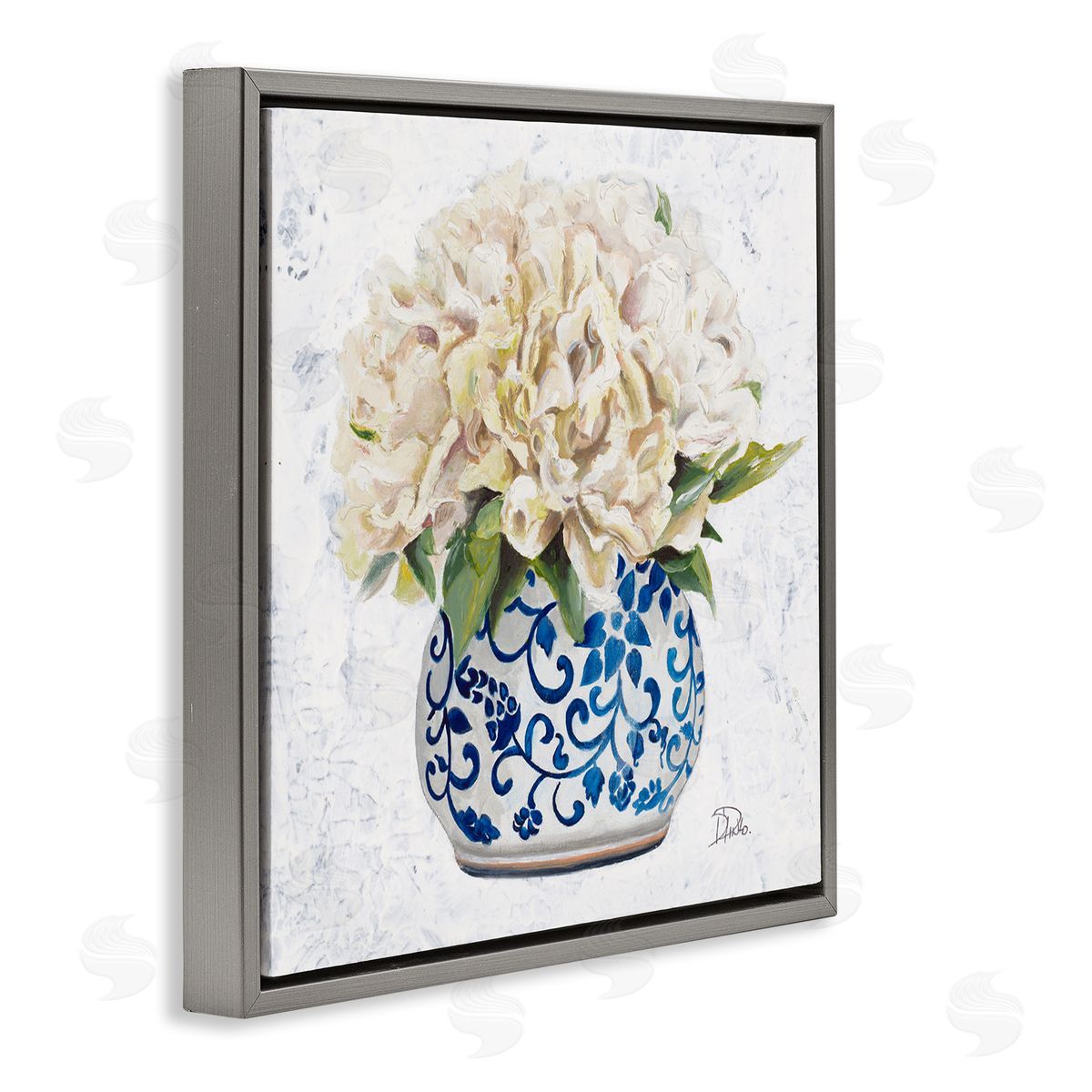 Patricia Pinto Round White Floral Blooms Ornate Patterned Vase Gray Floating Frame Canvas Wall Art Print