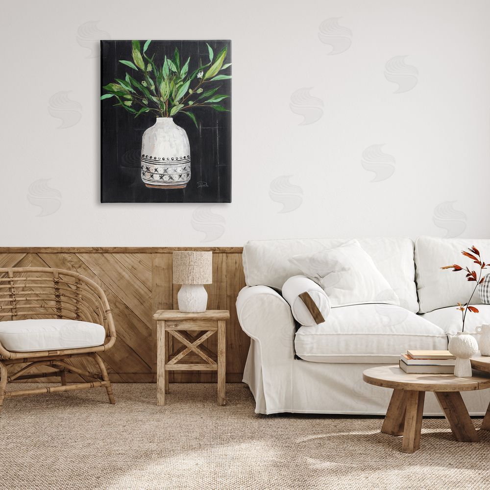 Patricia Pinto Tall Botanical Leaves Arrangement Patterned Pottery Vase Canvas Wall Art Print in Room