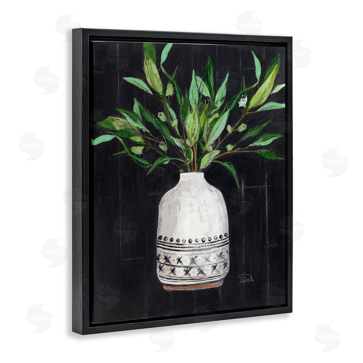 Patricia Pinto Tall Botanical Leaves Arrangement Patterned Pottery Vase Black Floating Frame Canvas Wall Art Print
