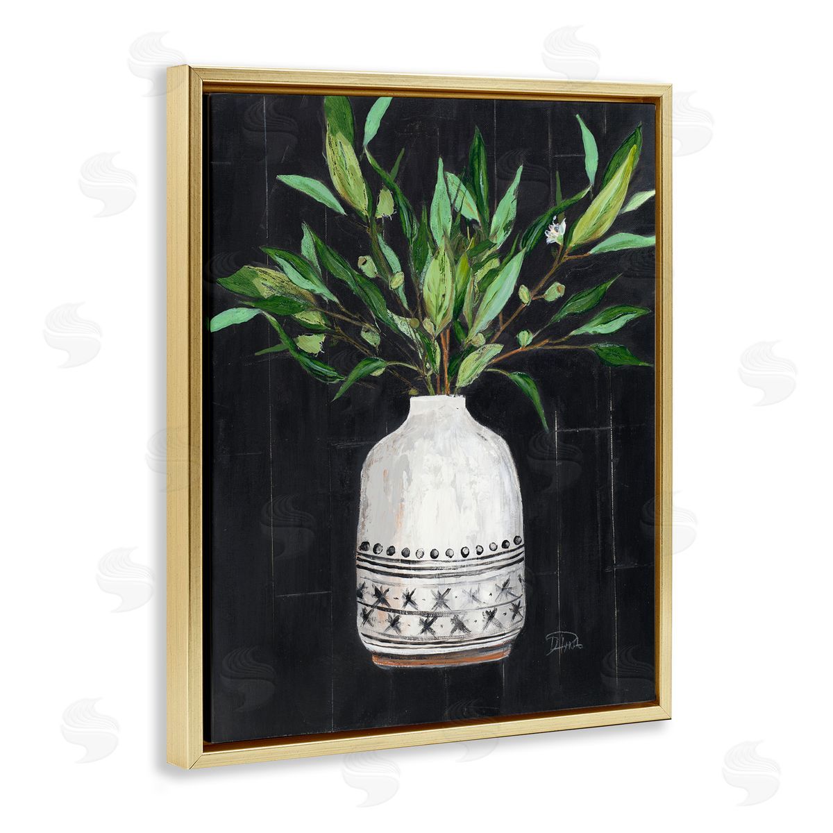 Patricia Pinto Tall Botanical Leaves Arrangement Patterned Pottery Vase Gold Floating Frame Canvas Wall Art Print