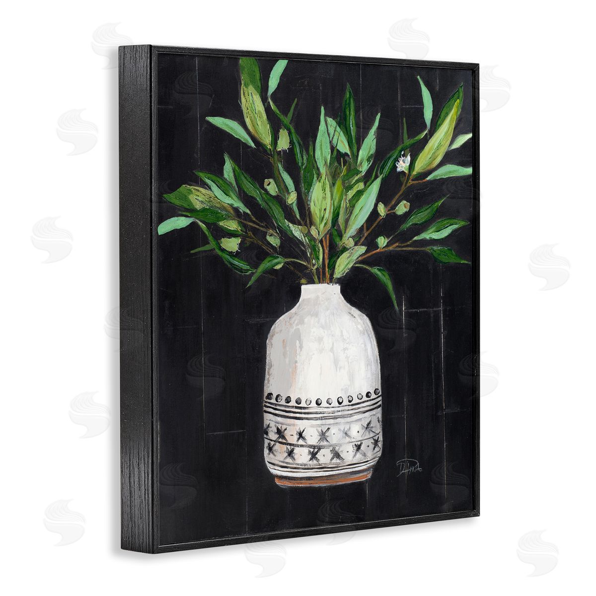 Patricia Pinto Tall Botanical Leaves Arrangement Patterned Pottery Vase Black Framed Giclee Wall Art Print