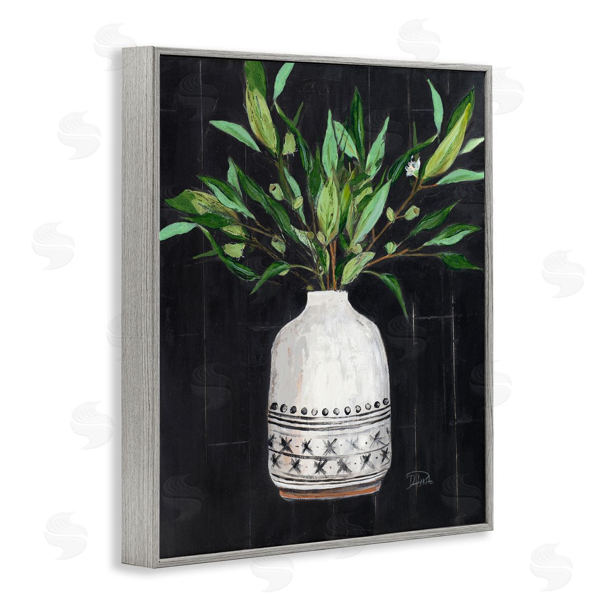 Patricia Pinto Tall Botanical Leaves Arrangement Patterned Pottery Vase Gray Framed Giclee Wall Art Print
