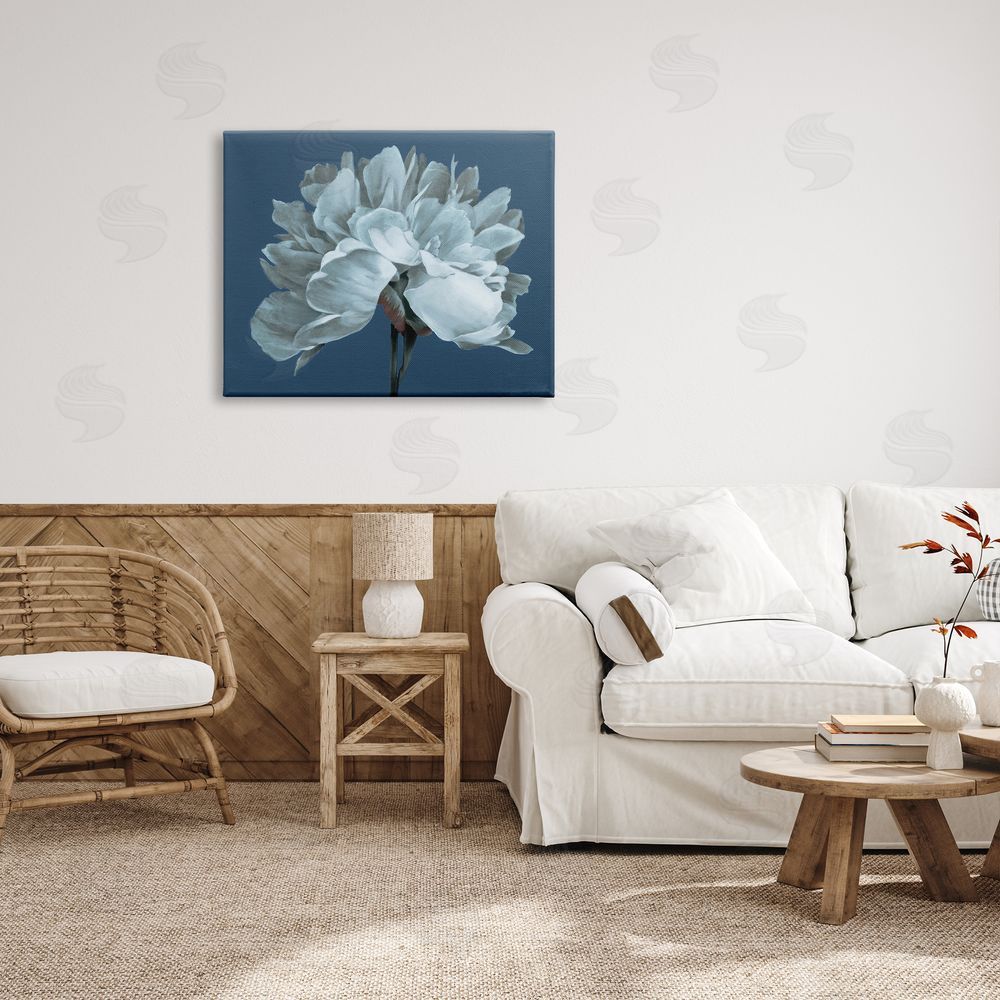 Liz Jardine Contemporary White Bloom Single Flower Sprig Canvas Wall Art Print in Room