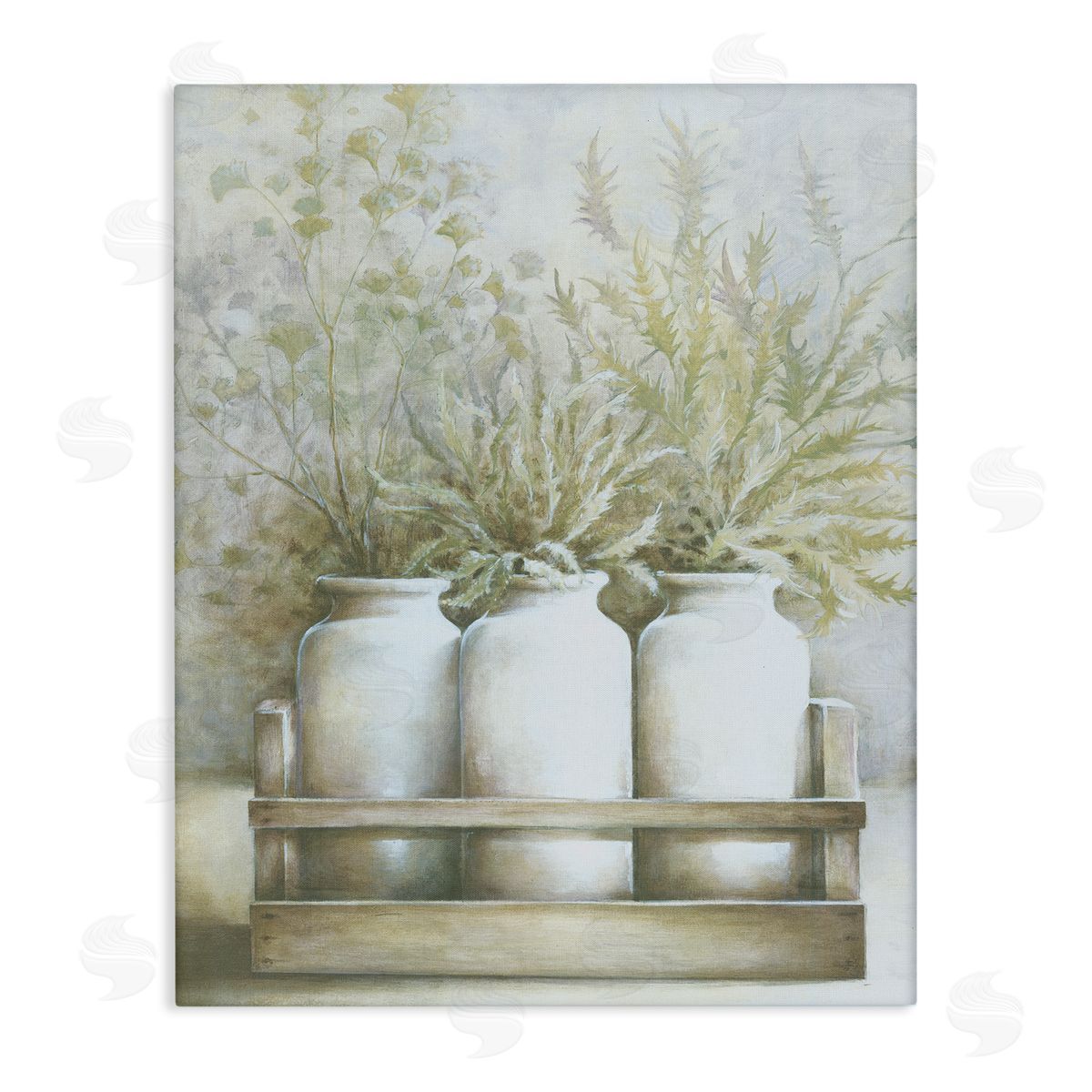 White Ladder Country Herbal Blooms Varied Plants Milk Jugs Stretched Canvas Wall Art Print