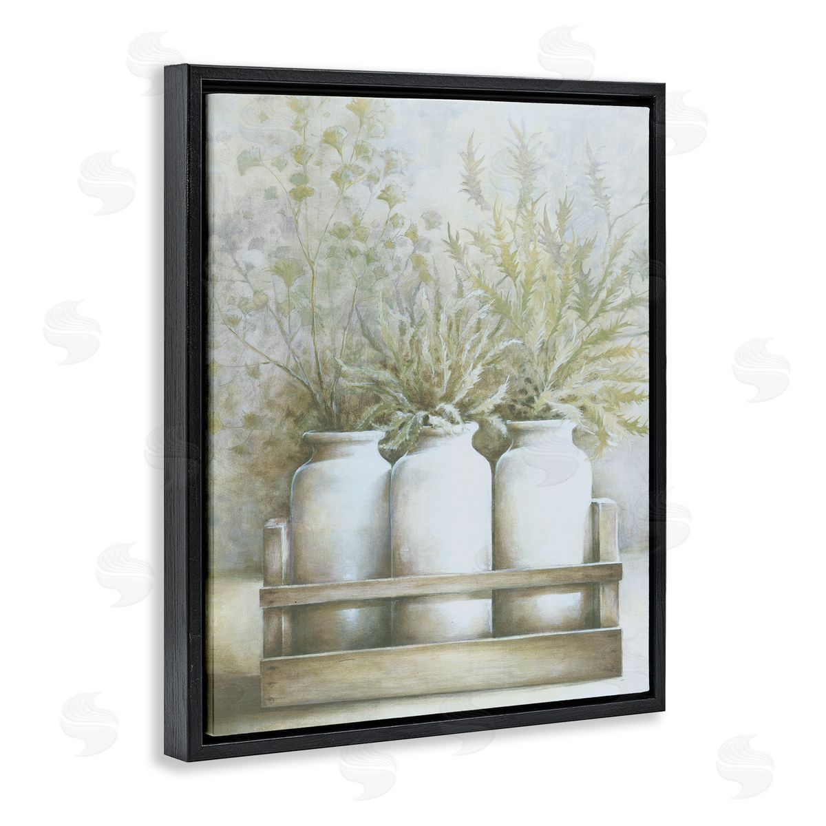 White Ladder Country Herbal Blooms Varied Plants Milk Jugs Black Floating Frame Canvas Wall Art Print