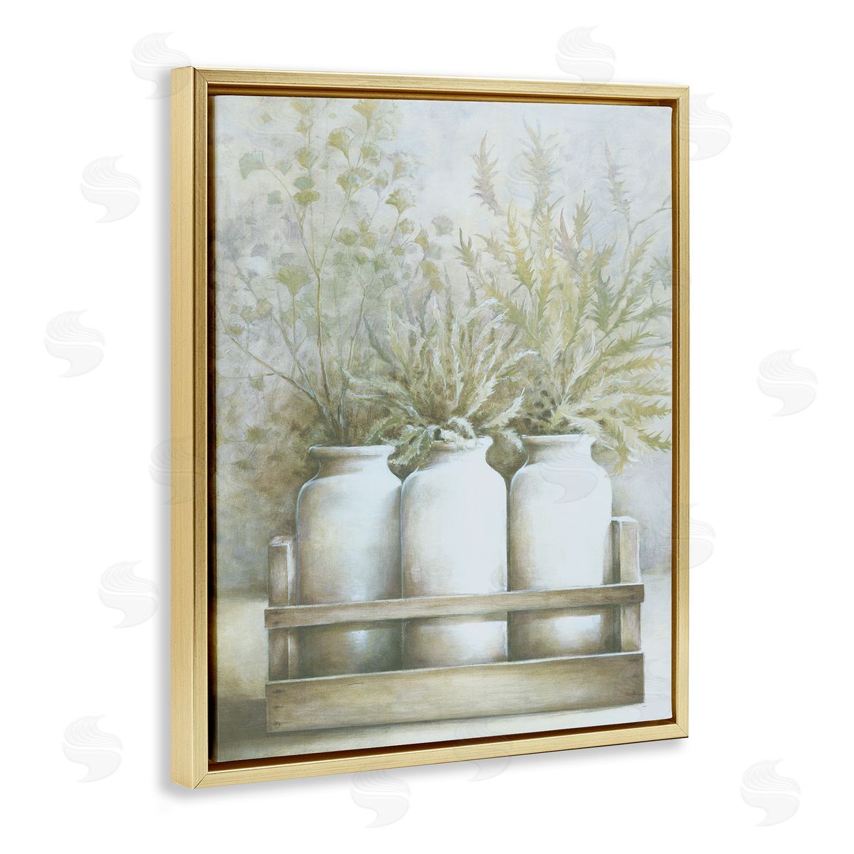 White Ladder Country Herbal Blooms Varied Plants Milk Jugs Gold Floating Frame Canvas Wall Art Print