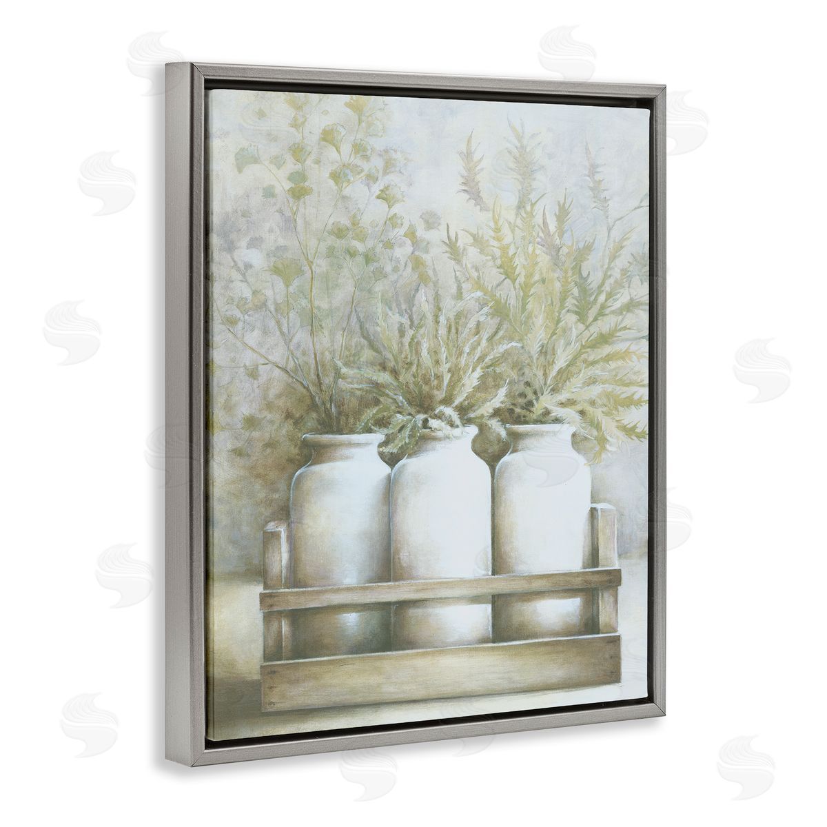 White Ladder Country Herbal Blooms Varied Plants Milk Jugs Gray Floating Frame Canvas Wall Art Print