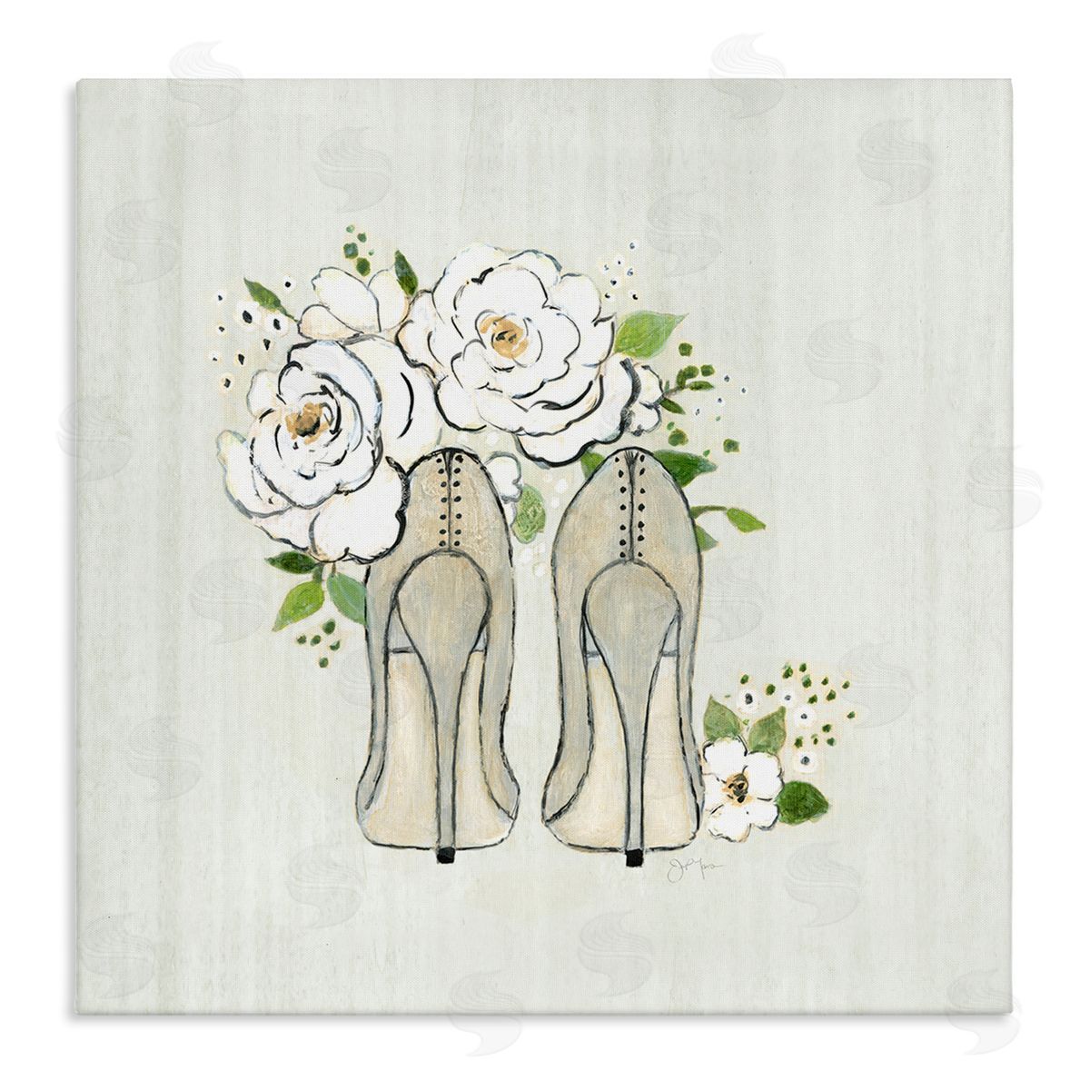 Tava Studios Chic Fashion Heels White Rose Flowers Motif Stretched Canvas Wall Art Print