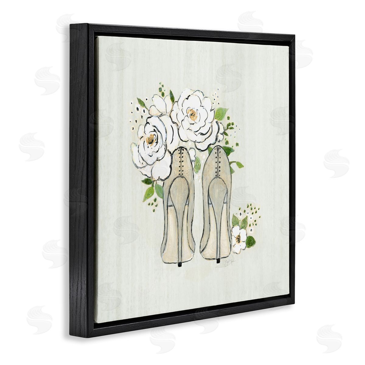 Tava Studios Chic Fashion Heels White Rose Flowers Motif Black Floating Frame Canvas Wall Art Print