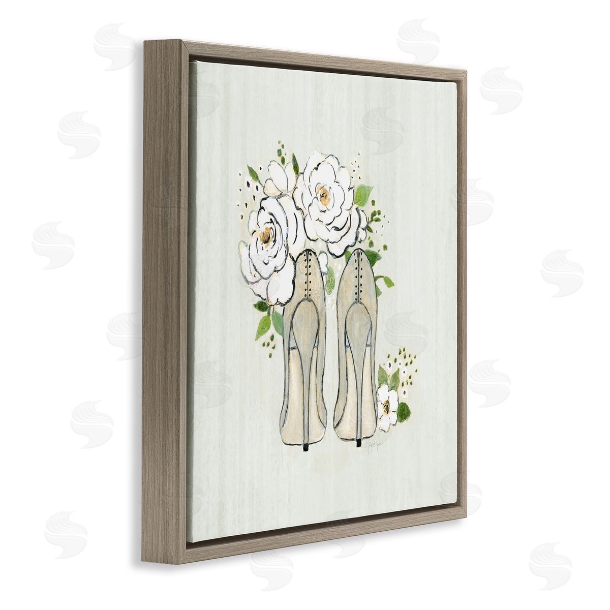 Tava Studios Chic Fashion Heels White Rose Flowers Motif Brown Floating Frame Canvas Wall Art Print