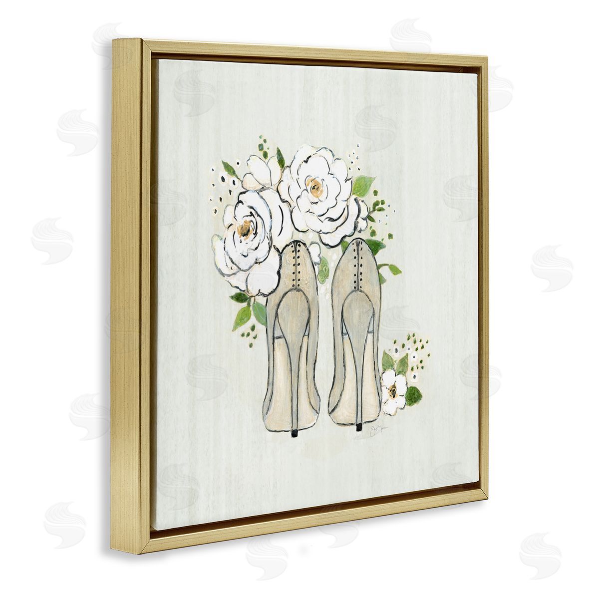 Tava Studios Chic Fashion Heels White Rose Flowers Motif Gold Floating Frame Canvas Wall Art Print