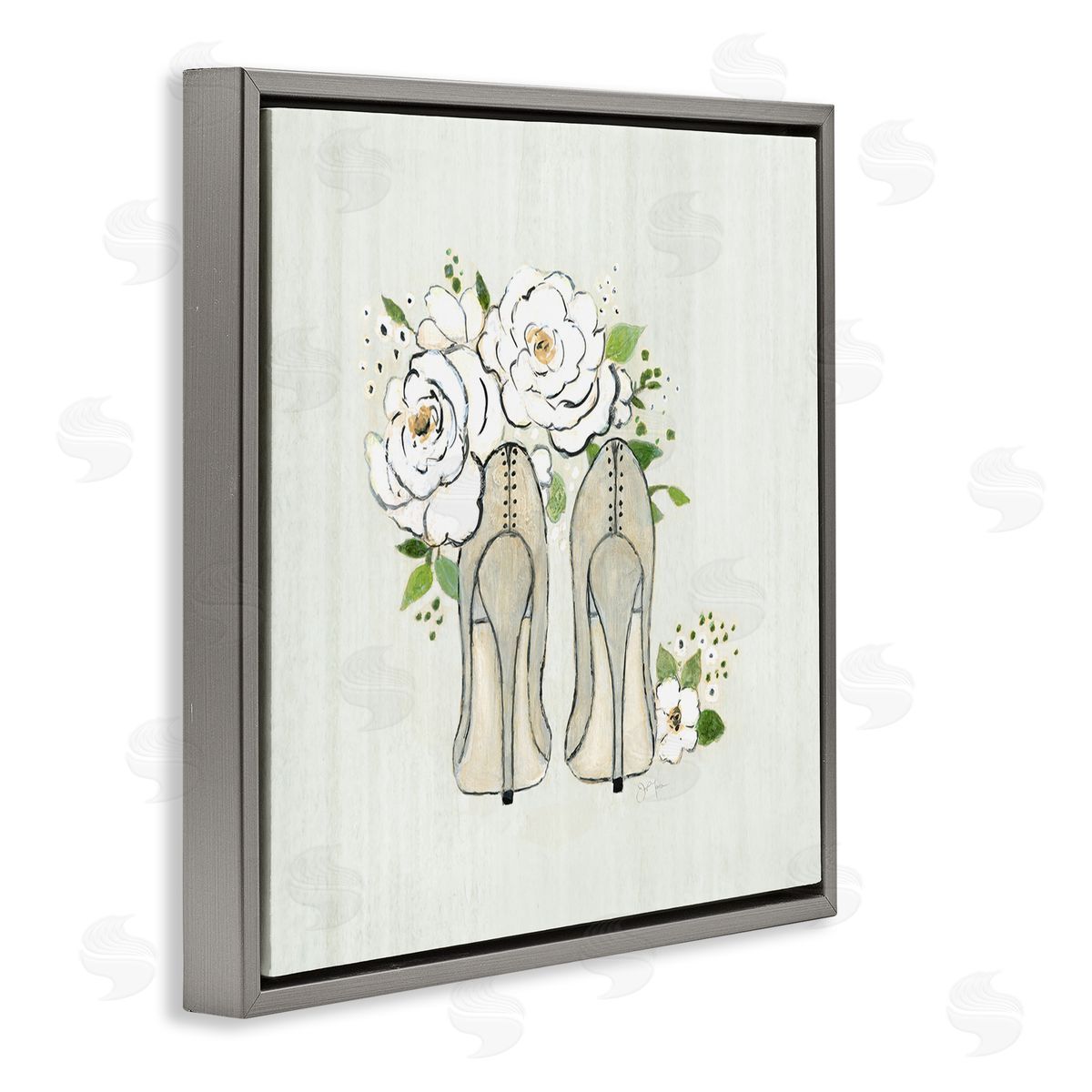 Tava Studios Chic Fashion Heels White Rose Flowers Motif Gray Floating Frame Canvas Wall Art Print