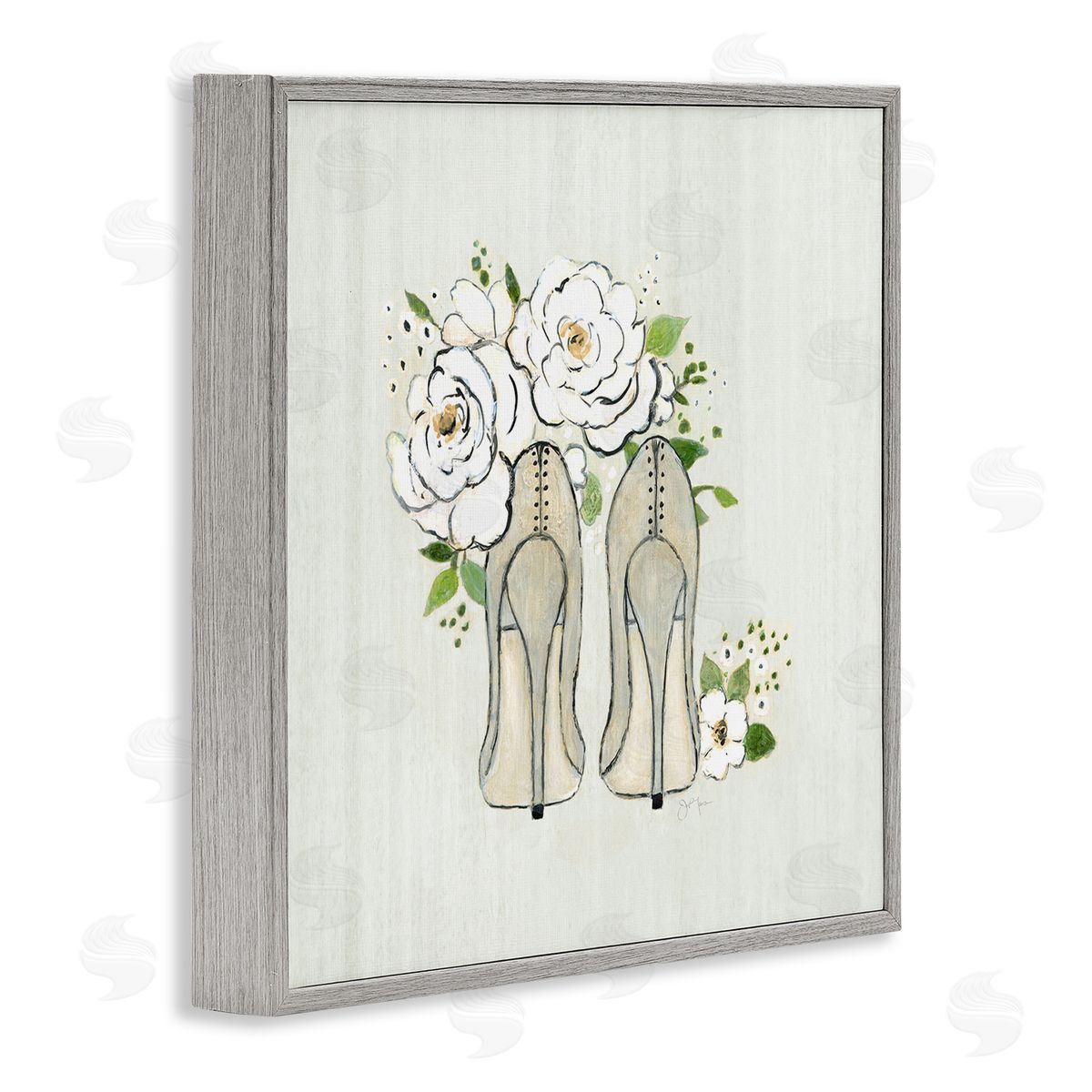Tava Studios Chic Fashion Heels White Rose Flowers Motif Gray Framed Glicee Wall Art Print
