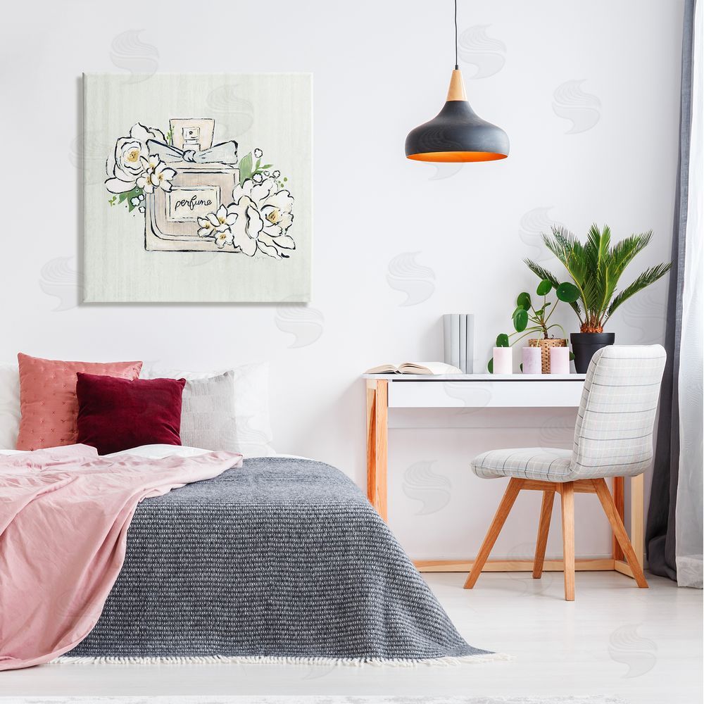 Tava Studios Glam Fashion Perfume Bottle Blooming Flower Buds Canvas Wall Art in Room