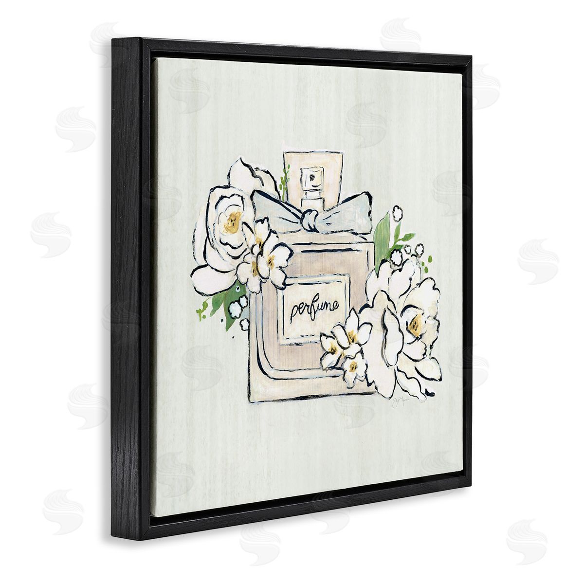 Tava Studios Glam Fashion Perfume Bottle Blooming Flower Buds Black Floating Frame Canvas Wall Art Print