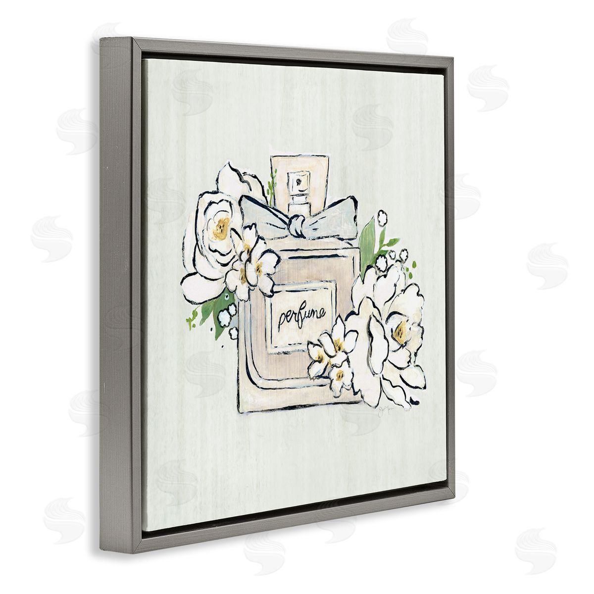 Tava Studios Glam Fashion Perfume Bottle Blooming Flower Buds Gray Floating Frame Canvas Wall Art Print
