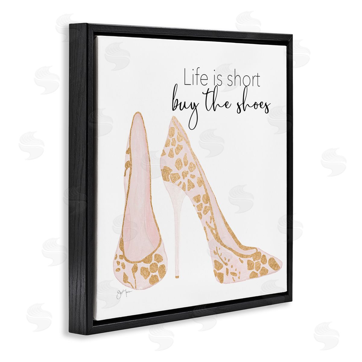 Tava Studios Buy The Shoes Motivational Floral Heel Pattern Black Floating Frame Canvas Wall Art Print