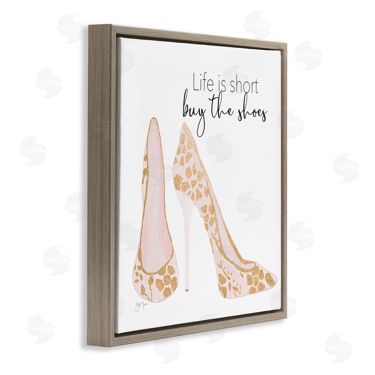 Tava Studios Buy The Shoes Motivational Floral Heel Pattern Brown Floating Frame Canvas Wall Art Print
