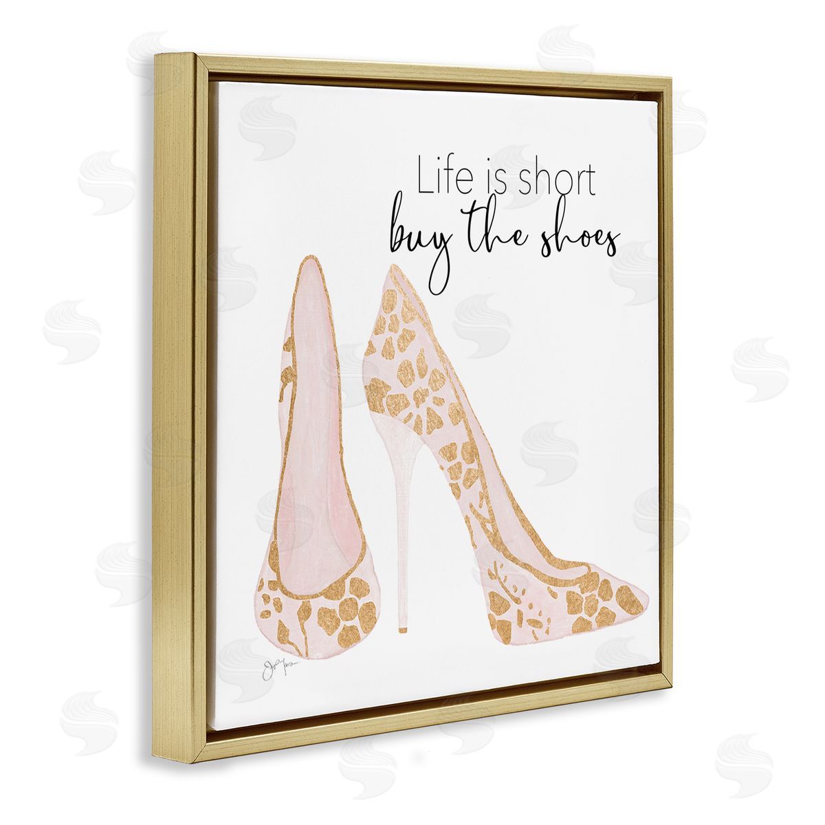 Tava Studios Buy The Shoes Motivational Floral Heel Pattern Gold Floating Frame Canvas Wall Art Print