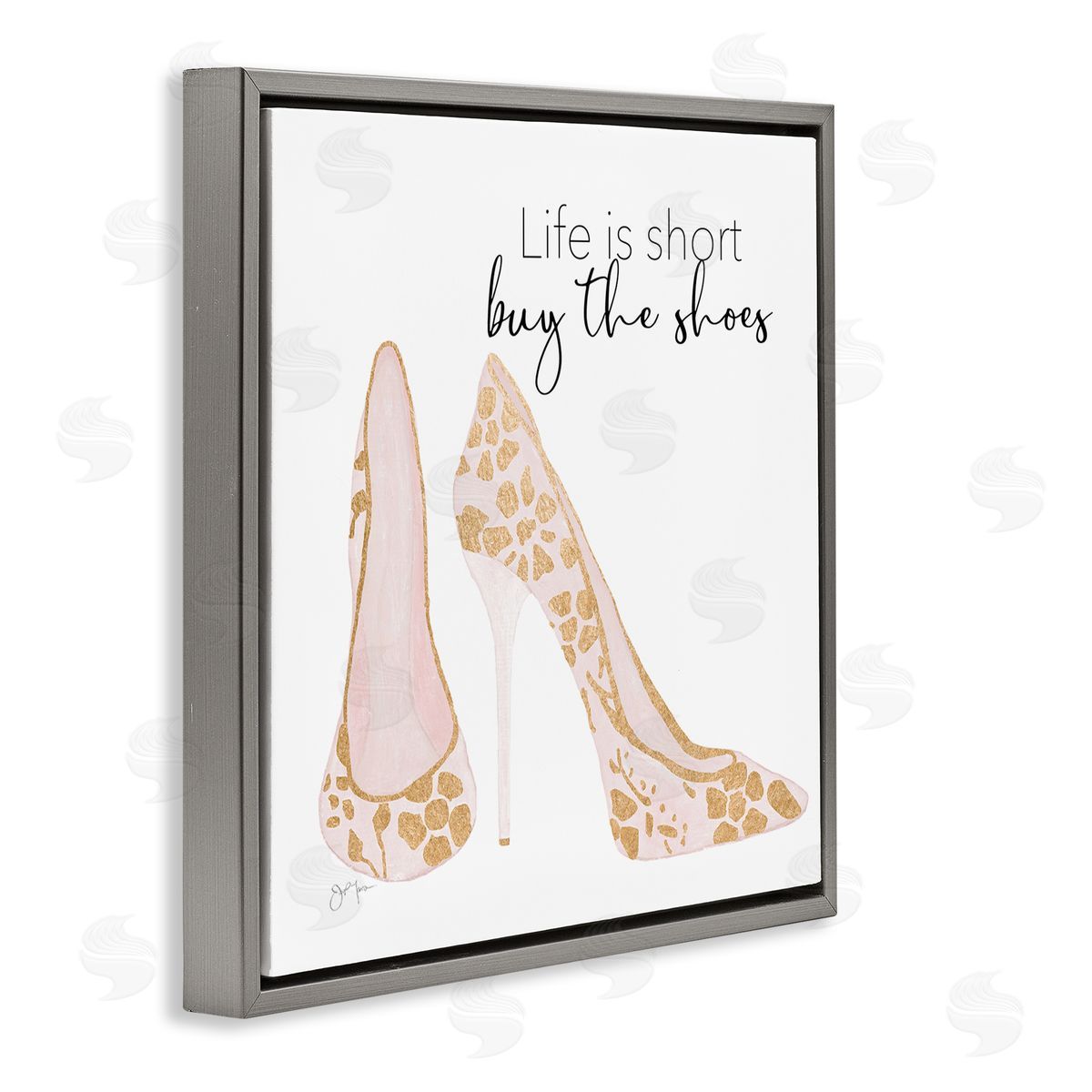 Tava Studios Buy The Shoes Motivational Floral Heel Pattern Gray Floating Frame Canvas Wall Art Print