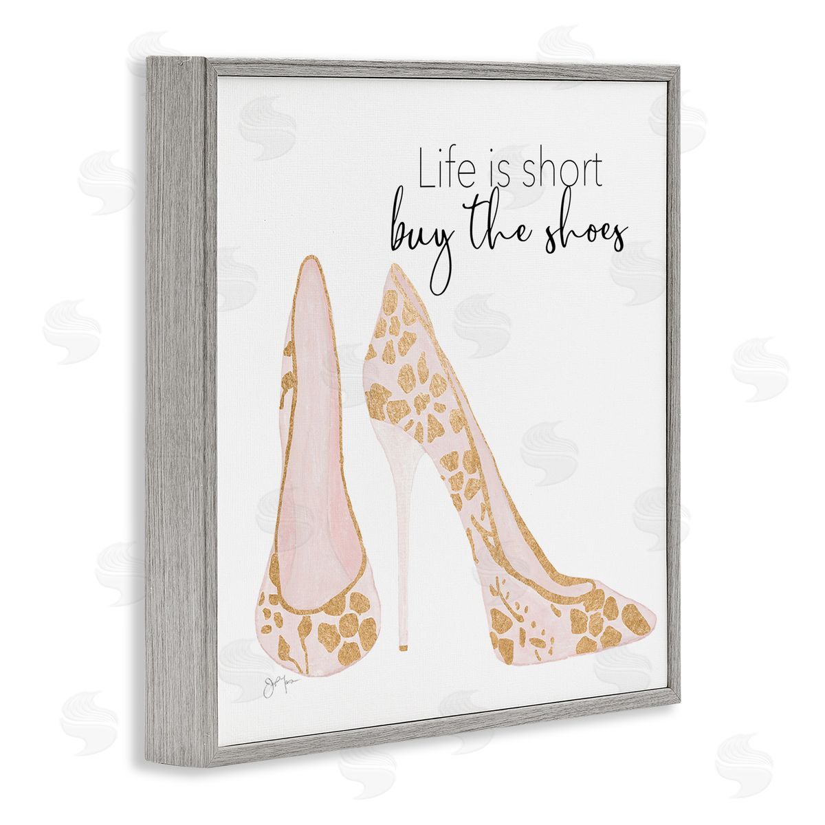 Tava Studios Buy The Shoes Motivational Floral Heel Pattern Gray Framed Glicee Wall Art Print