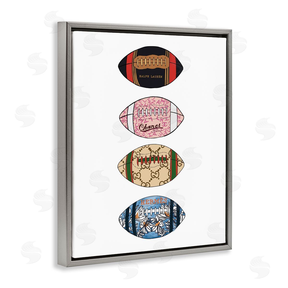 Amelia Noyes Trendy Glam Footballs Patterned Chic Fashions Gray Floating Frame Canvas Wall Art Print