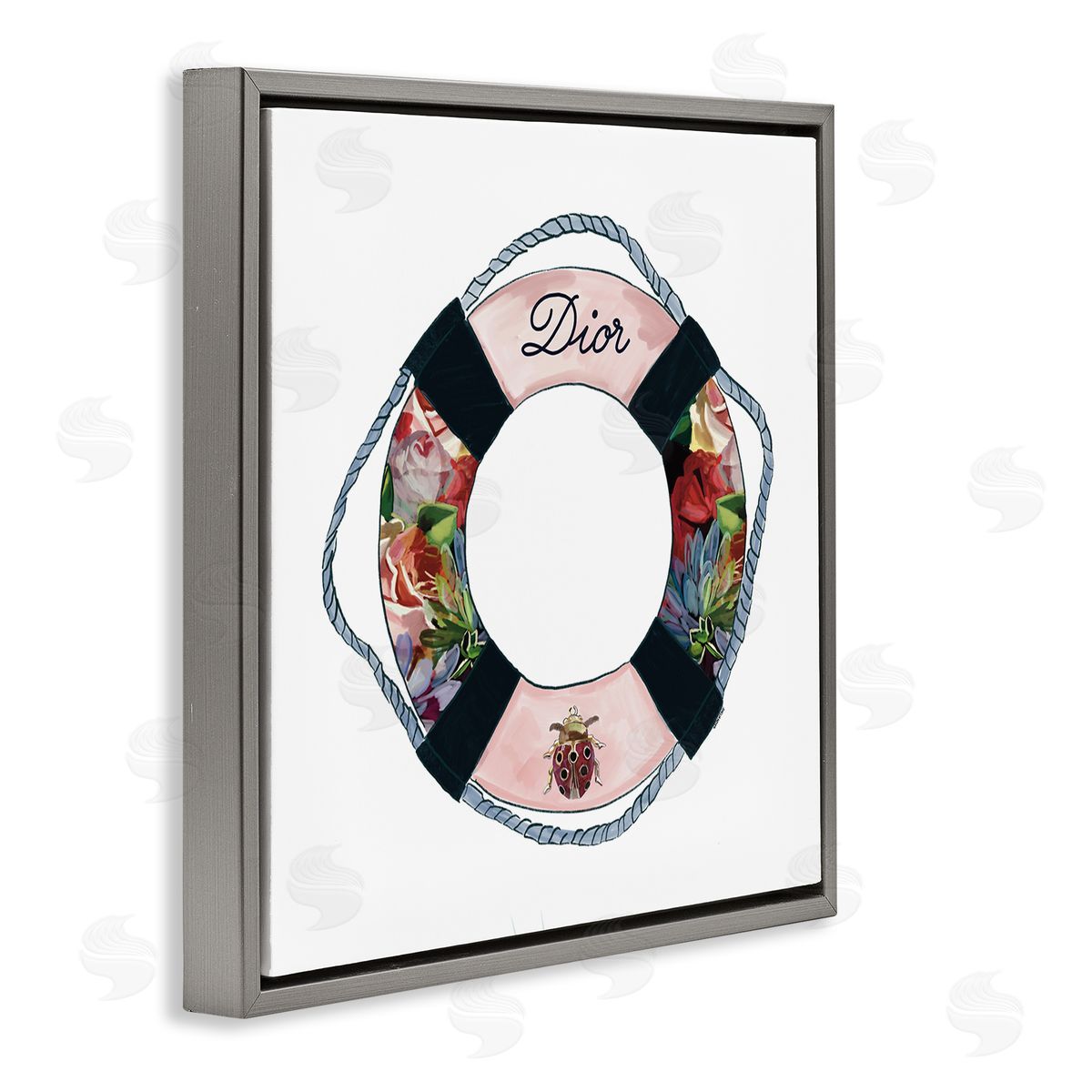 Amelia Noyes Floral Patterned Life Preserver Upscale Fashion Motif Gray Floating Frame Canvas Wall Art Print